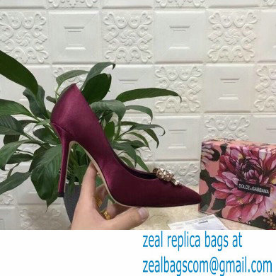 Dolce  &  Gabbana Heel 10.5cm Satin Pumps Burgundy with Crystal Bow 2021